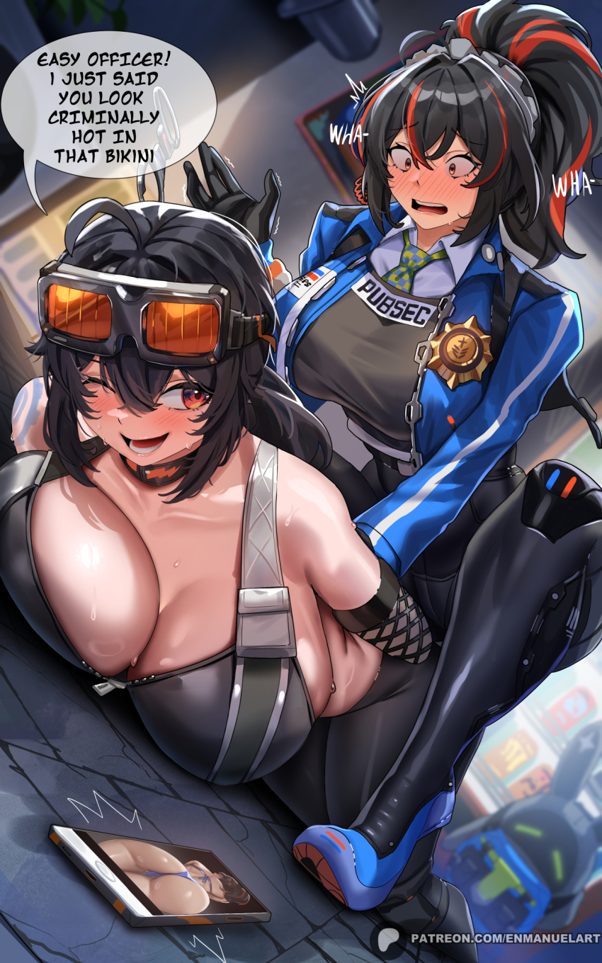 2girls bare_shoulders black_hair black_pants black_sports_bra blue_jacket blush breasts cellphone cleavage english_text enma_(enmanuelart) goggles goggles_on_head grace_howard highres jacket large_breasts long_hair long_sleeves lying motor_vehicle motorcycle multicolored_hair multiple_girls on_stomach one_eye_closed open_mouth orange_hair pants phone police police_uniform policewoman ponytail red_eyes smile speech_bubble sports_bra streaked_hair uniform zenless_zone_zero zhu_yuan