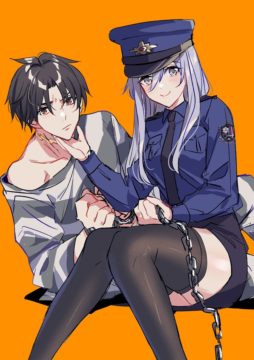 1boy 1girl 86_-eightysix- :/ black_hair black_necktie black_skirt black_thighhighs blue_jacket chain closed_mouth cuffs grey_eyes grey_hair hair_between_eyes halloween_costume hand_on_another&#039;s_chin handcuffs hat highres holding holding_chain invisible_chair jacket long_sleeves looking_at_viewer lying necktie off_shoulder on_side orange_background pencil_skirt police police_hat police_uniform policewoman prison_clothes prisoner red_eyes scar scar_on_neck shinei_nouzen shirt short_hair shousuke sitting sketch skirt smile striped_clothes striped_shirt thighhighs vladilena_millize