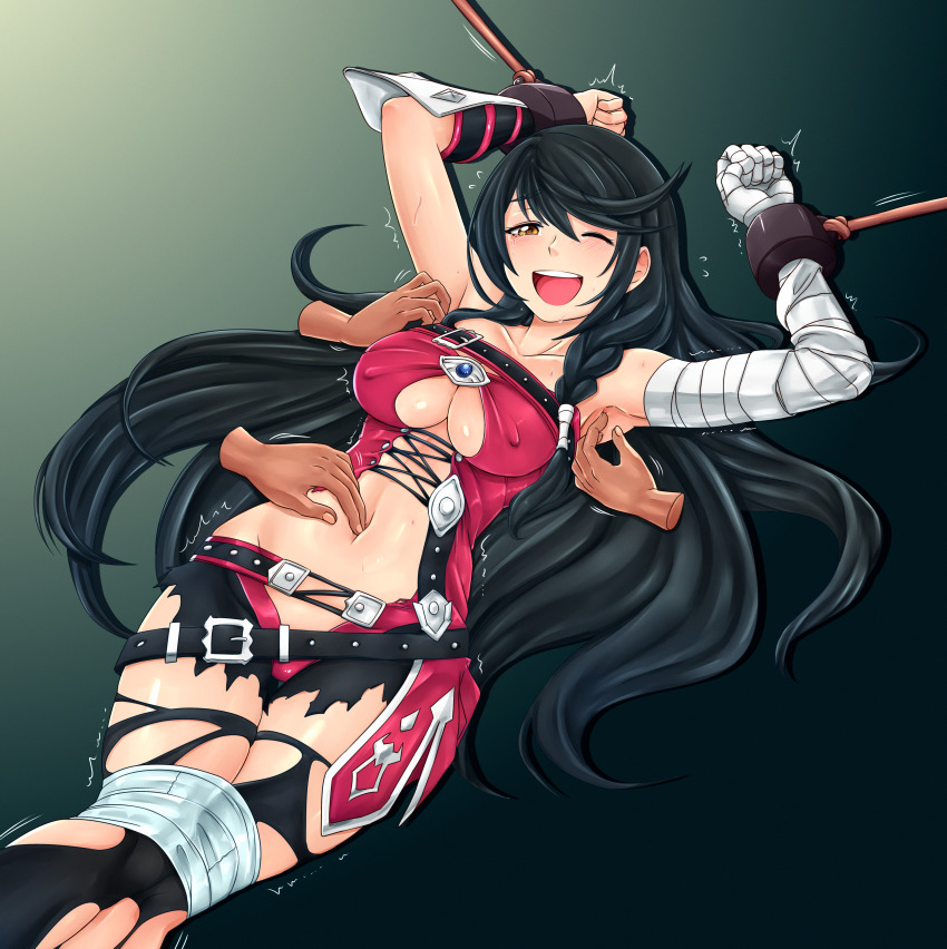 1girl absurdres armpits arms_up bdsm black_hair bondage bound breasts highres klaudsan laughing navel_insertion navel_tickling tales_of_(series) tales_of_berseria tickle_torture tickling underboob velvet_crowe