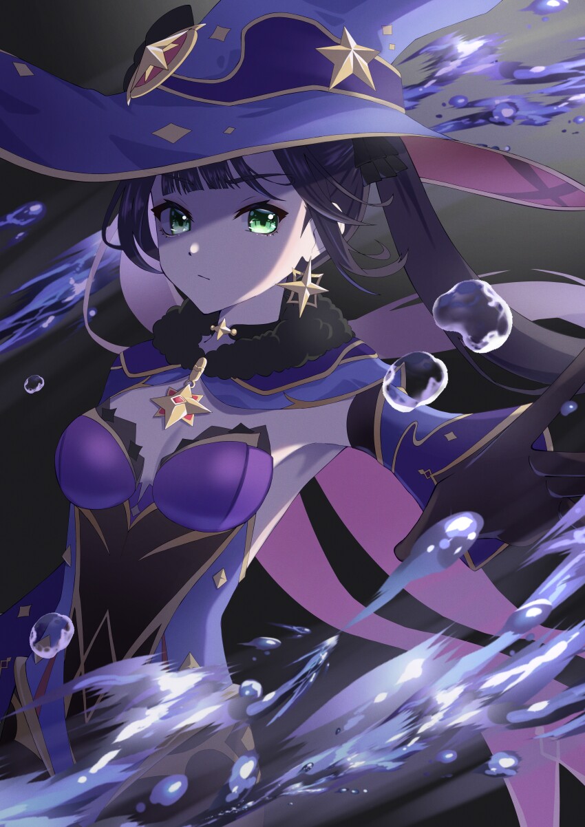 1girl absurdres akashi_(4kc_27) black_bow black_choker black_collar black_gloves bow breasts capelet choker closed_mouth collar detached_sleeves earrings fur_collar genshin_impact gloves hair_bow hat highres jewelry long_hair long_sleeves looking_at_viewer mona_(genshin_impact) purple_capelet purple_hair purple_hat small_breasts solo star_(symbol) star_earrings twintails upper_body water water_drop witch_hat