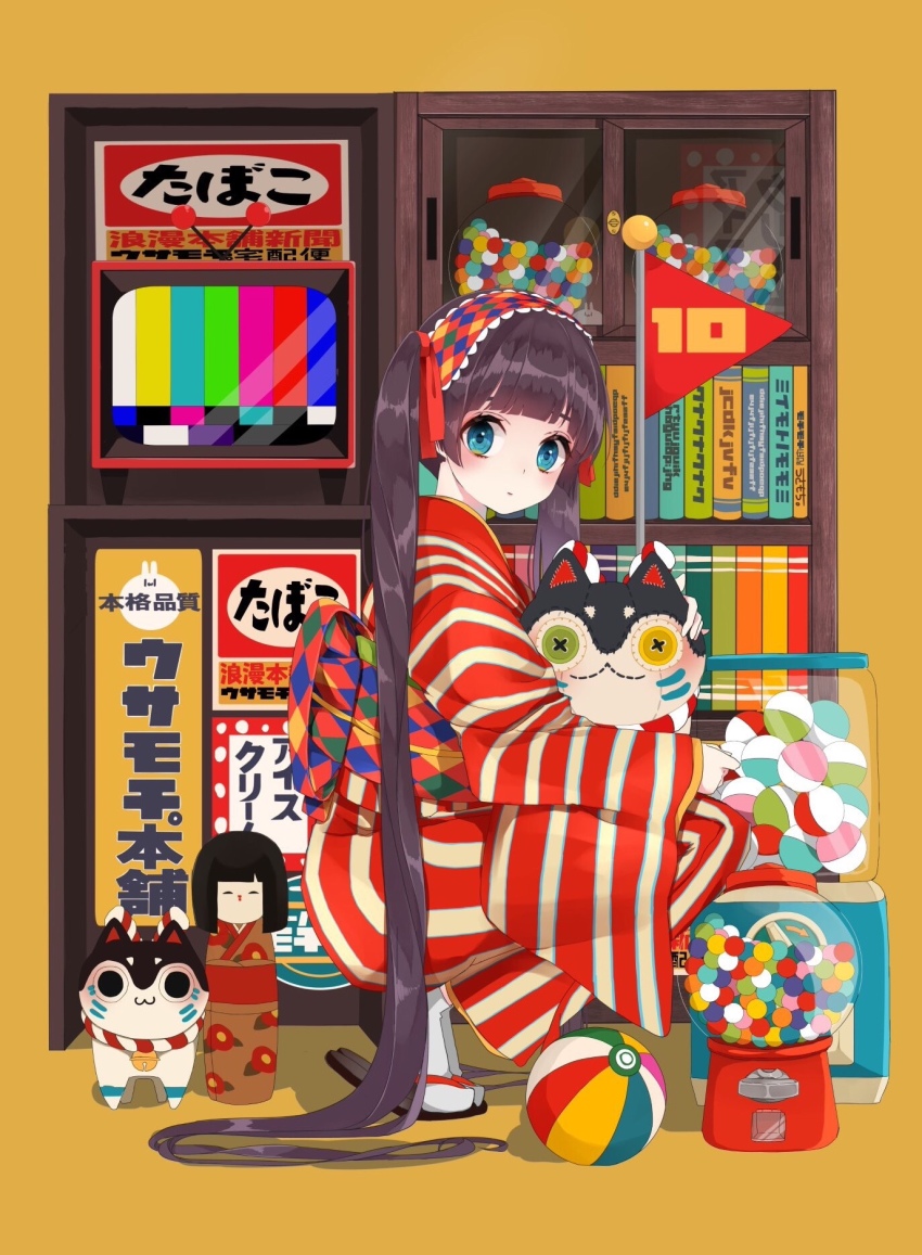 1girl black_hair blue_eyes bookshelf button_eyes buttons cabinet candy cat_mask chewing_gum closed_mouth female_focus food from_side gashapon gashapon_machine gumball gumball_machine headdress highres holding holding_mask japanese_clothes jar kimono kokeshi long_hair looking_at_viewer mask obi original pennant poster_(object) red_kimono sandals sash simple_background socks solo squatting striped_clothes striped_kimono television twintails usamochi. usamochi_(7290381) very_long_hair white_socks yellow_background