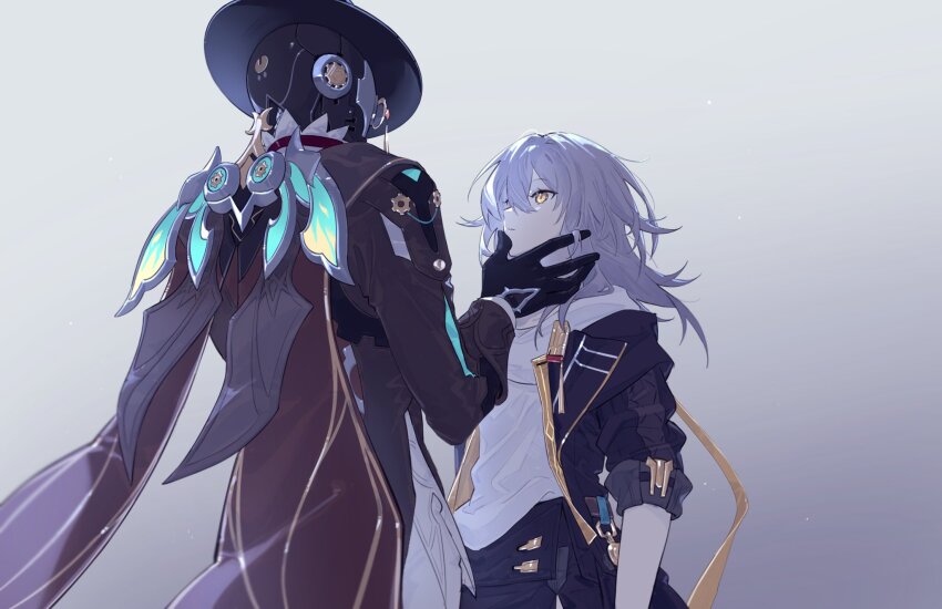 1boy 1girl black_gloves black_hat black_jacket black_pants brown_coat coat couple facing_away gloves gold_trim gradient_background grey_background grey_hair hand_on_another&#039;s_cheek hand_on_another&#039;s_face hat hetero highres honkai:_star_rail honkai_(series) humanoid_robot jacket looking_at_another mao_(expuella) mechanical_wings monocle pants robot screwllum_(honkai:_star_rail) shirt short_hair sleeves_rolled_up stelle_(honkai:_star_rail) tailcoat trailblazer_(honkai:_star_rail) white_shirt wings yellow_eyes