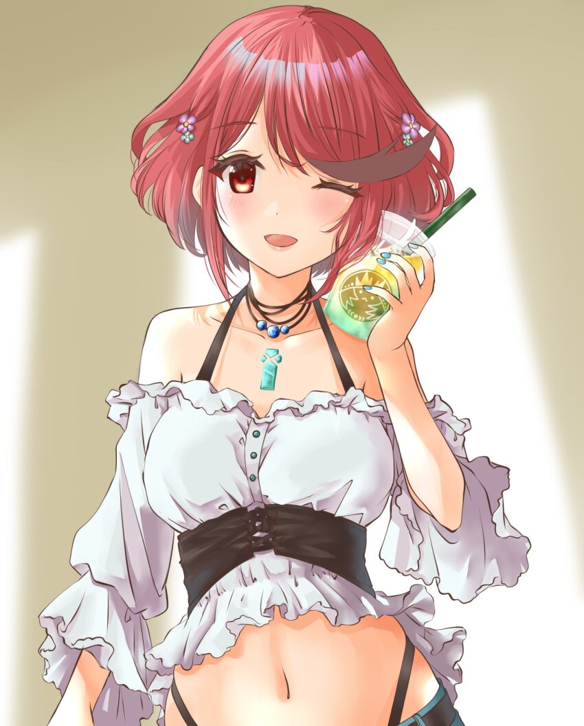 1girl alternate_costume blurry blurry_background bob_cut commentary_request core_crystal_(xenoblade) drink drinking_straw frilled_shirt frills highres holding holding_drink jewelry navel necklace off-shoulder_shirt off_shoulder one_eye_closed pyra_(xenoblade) red_eyes shirt solo upper_body usakumapo_nano white_shirt xenoblade_chronicles_(series) xenoblade_chronicles_2