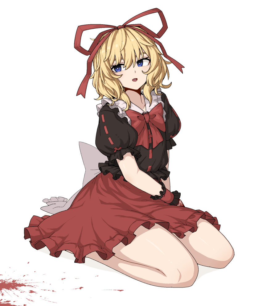 1girl black_shirt blonde_hair blood blood_on_hands blood_splatter blue_eyes bow collarbone formicid frilled_skirt frilled_sleeves frills full_body hair_between_eyes hair_ribbon highres medicine_melancholy open_mouth puffy_short_sleeves puffy_sleeves red_bow red_ribbon red_skirt ribbon shirt short_hair short_sleeves simple_background skirt solo touhou white_background wrist_cuffs