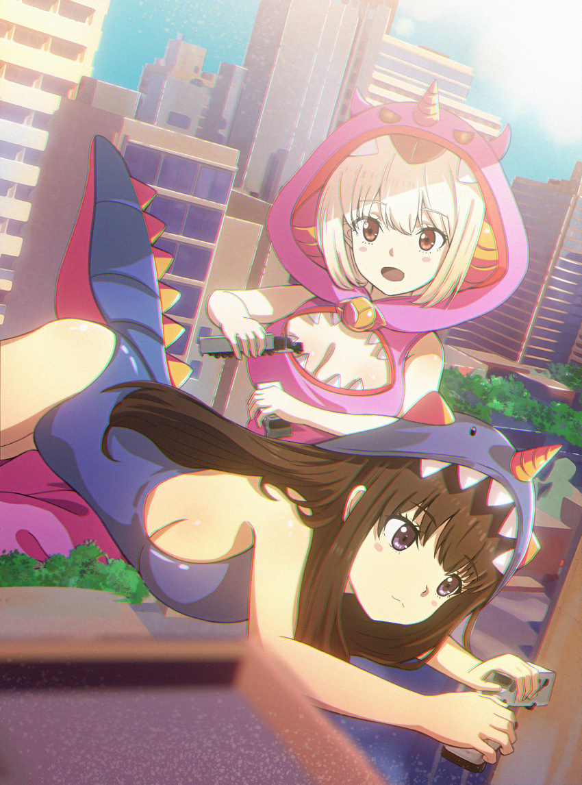 2girls absurdres black_hair blonde_hair breasts chromatic_aberration city cleavage_cutout closed_mouth clothing_cutout commentary_request edgar_syu giant giantess highres hood hood_up inoue_takina large_breasts long_hair lycoris_recoil multiple_girls nishikigi_chisato open_mouth purple_eyes red_eyes short_hair sidelocks