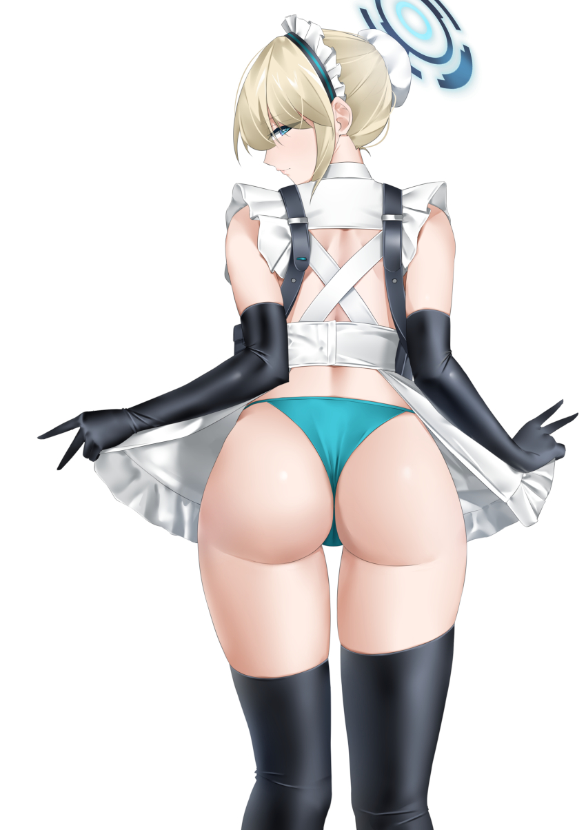 1girl absurdres apron ass black_thighhighs blonde_hair blue_archive blue_eyes casperrin closed_mouth cowboy_shot elbow_gloves from_behind gloves green_panties halo highres leaning_forward looking_at_viewer looking_back maid_headdress panties simple_background solo thighhighs toki_(blue_archive) underwear white_background