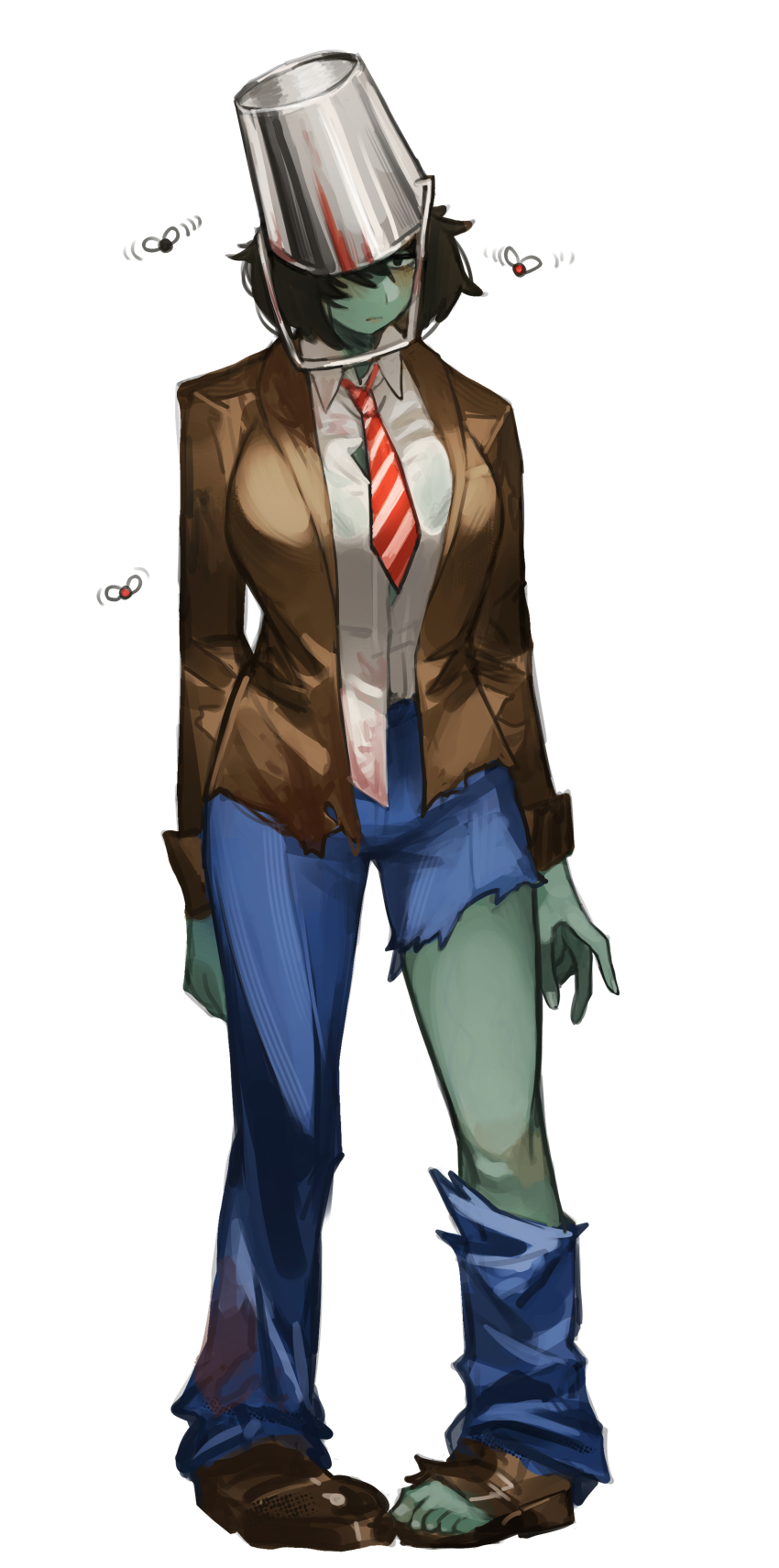 1girl absurdres black_hair blue_pants breasts brown_suit bucket bucket_on_head bug collared_shirt colored_skin commentary english_commentary fly formal_clothes full_body green_skin hair_over_one_eye highres insect large_breasts medium_hair miao_jiangyou necktie object_on_head original pants red_necktie shirt simple_background solo standing suit toes torn_clothes torn_pants white_background white_shirt zombie