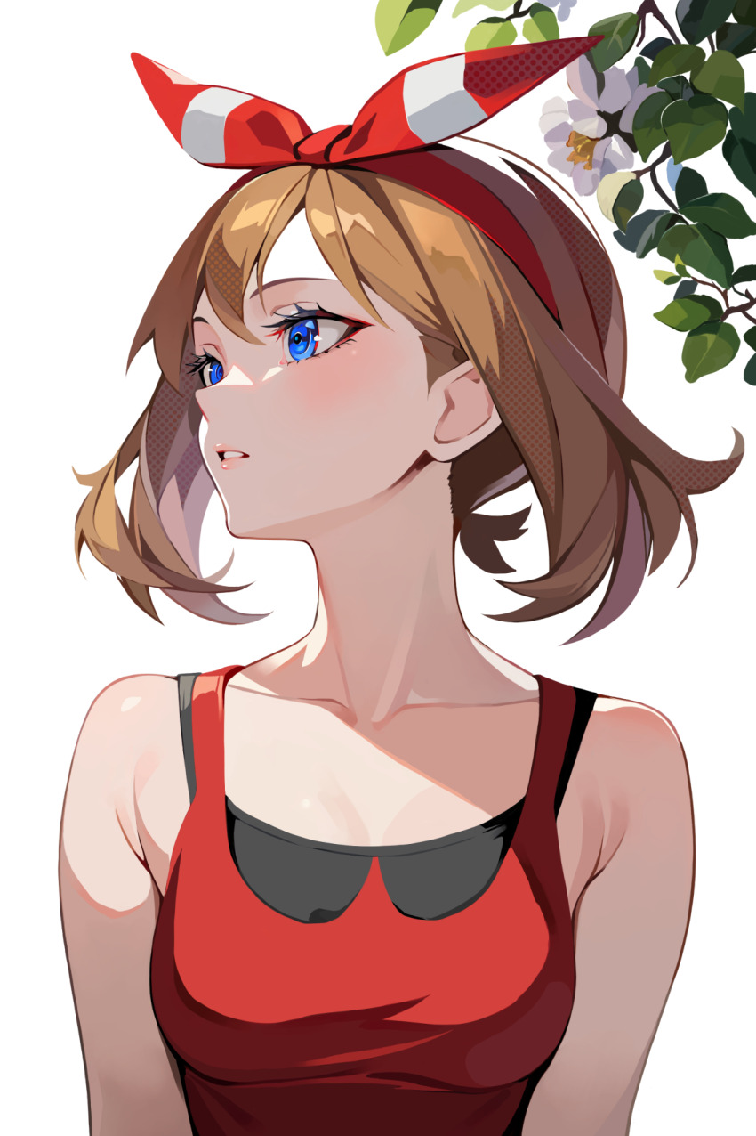 1girl blue_eyes bow_hairband breasts brown_hair cleavage collarbone commentary creatures_(company) eyelashes flower game_freak hairband highres leaf looking_to_the_side may_(pokemon) nintendo parted_lips pokemon pokemon_oras red_hairband red_shirt shirt short_hair sleeveless sleeveless_shirt solo tor_(torkrub111) upper_body white_background white_flower