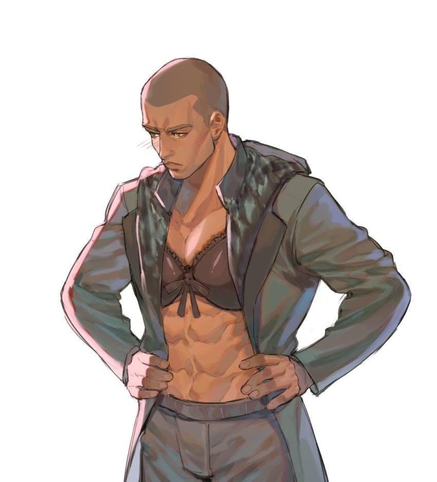 1boy abs bara blush bra clothes crossdressing dark_skin detroit:_become_human embarrassed highres jacket lace lingerie male_focus markus_(detroit) pants solo underwear