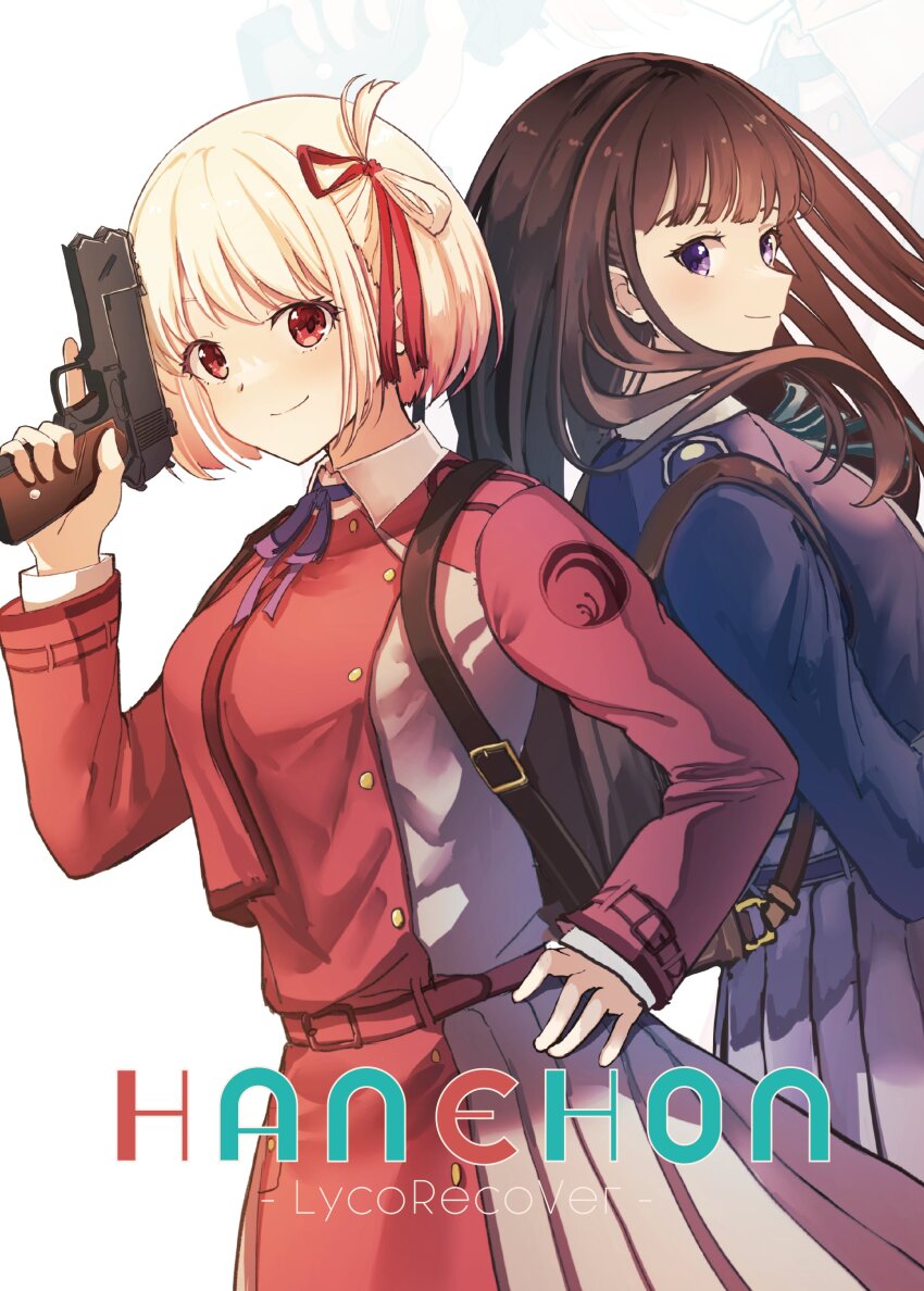 2girls absurdres aoi_hane back-to-back backpack bag belt belt_buckle black_hair blonde_hair blue_belt blue_dress blue_ribbon bob_cut brown_bag buckle closed_mouth collared_shirt commentary_request dress grey_dress gun hair_ribbon hand_on_own_hip handgun highres holding holding_gun holding_weapon inoue_takina long_hair long_sleeves lycoris_recoil lycoris_uniform multiple_girls neck_ribbon nishikigi_chisato one_side_up pleated_dress purple_eyes red_belt red_dress red_eyes red_ribbon ribbon shirt short_hair sidelocks smile trigger_discipline two-tone_dress weapon white_background white_shirt zoom_layer