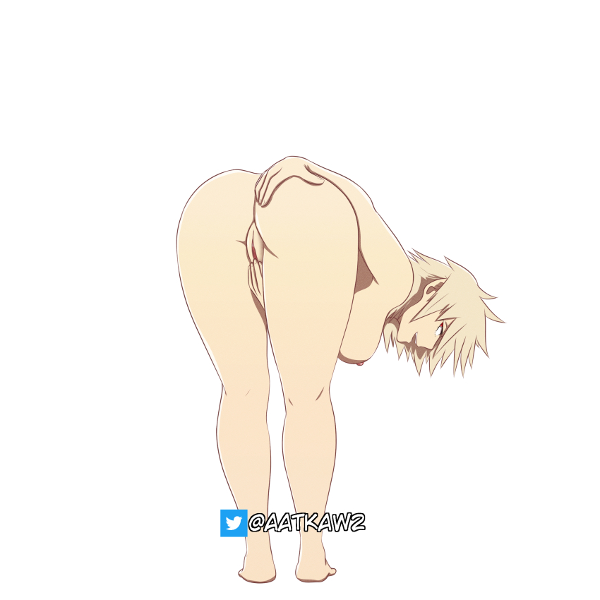 1girl aatkaw absurdres artist_request ass bakugou_mitsuki barefoot blonde_hair boku_no_hero_academia breasts check_artist completely_nude from_behind full_body highres large_breasts leaning_forward looking_at_viewer looking_back mature_female nipples nude open_mouth profile pussy red_eyes short_hair solo standing teeth twitter_logo twitter_username