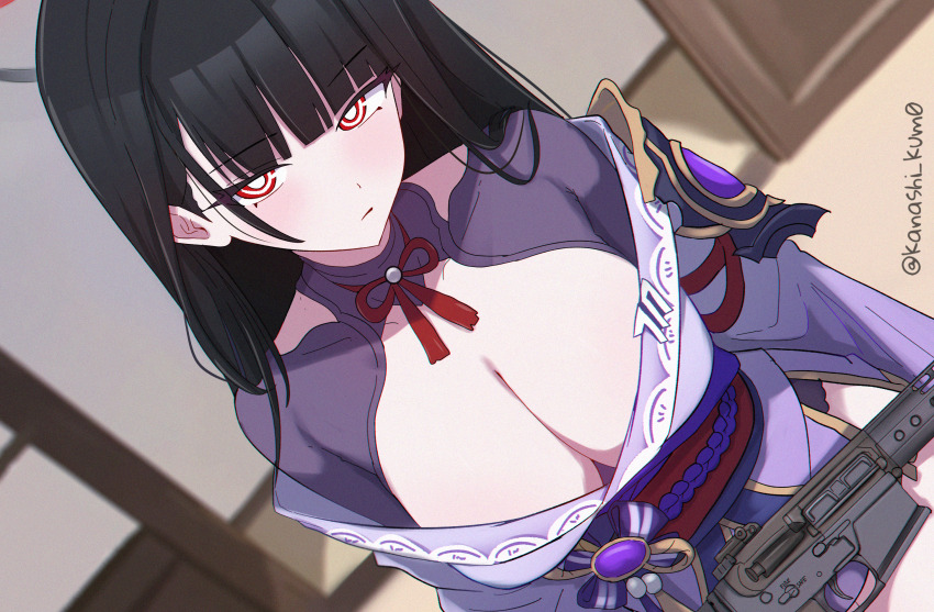 1girl black_hair blue_archive breasts bright_pupils cosplay genshin_impact highres japanese_clothes kanashi_kum0 kimono large_breasts long_hair long_sleeves looking_at_viewer obi purple_kimono raiden_shogun raiden_shogun_(cosplay) red_eyes rio_(blue_archive) sash solo very_long_hair white_pupils wide_sleeves