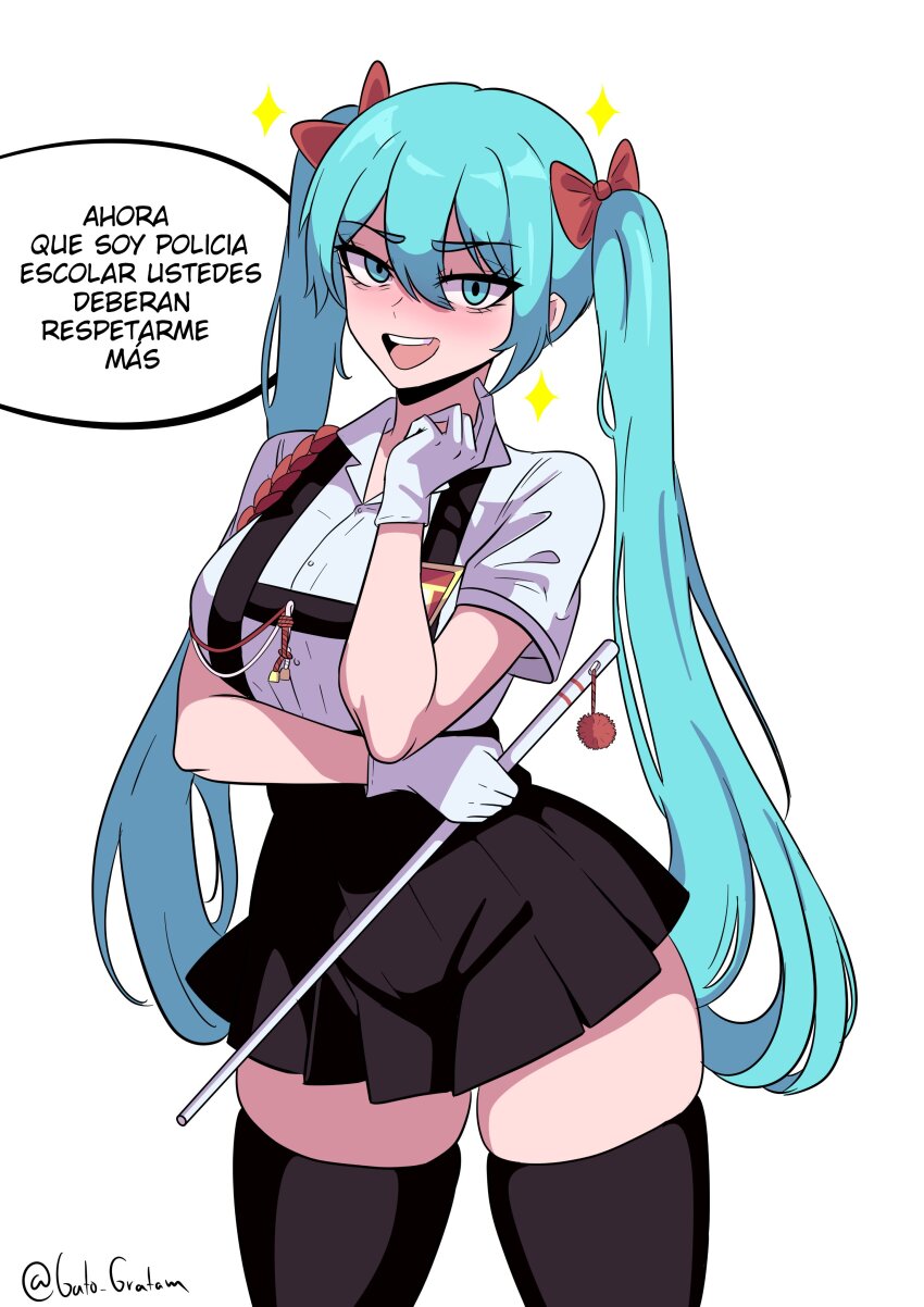 1girl absurdres aqua_eyes aqua_hair black_skirt black_thighhighs gratam hatsune_miku highres long_hair peruvian_female peruvian_miku peruvian_school_uniform school_uniform shirt simple_background skirt solo spanish_text speech_bubble thick_thighs thighhighs thighs translation_request twintails twitter_username very_long_hair vocaloid white_background white_shirt