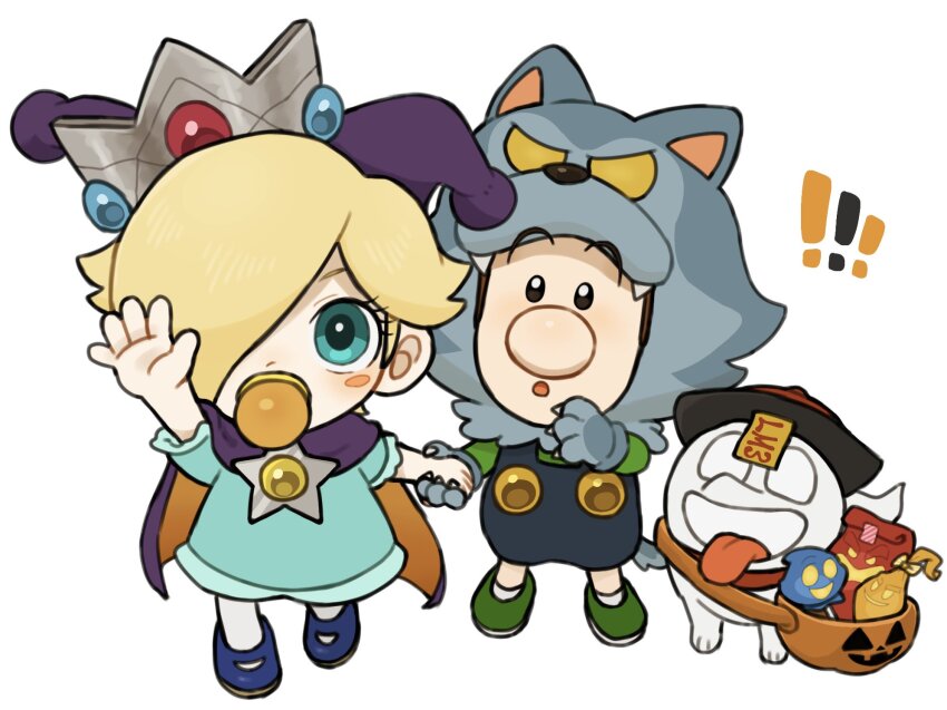 1boy 1girl baby_luigi baby_rosalina blonde_hair blue_eyes brown_hair crown halloween halloween_bucket highres jewelry jiangshi_costume long_sleeves luigi luigi&#039;s_mansion luigi&#039;s_mansion:_dark_moon mario_(series) mimimi_(mimimim9999) nintendo ofuda overalls polterpup rosalina short_hair wolf_mask