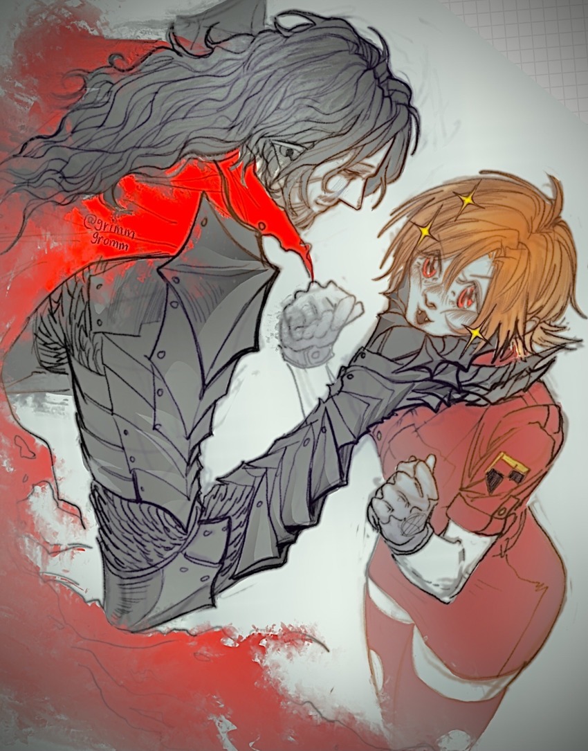 1boy 1girl alucard_(hellsing) armor black_armor black_hair blonde_hair cape full_armor grimmgromm hellsing highres long_hair military_uniform red_cape red_thighhighs seras_victoria thighhighs vampire