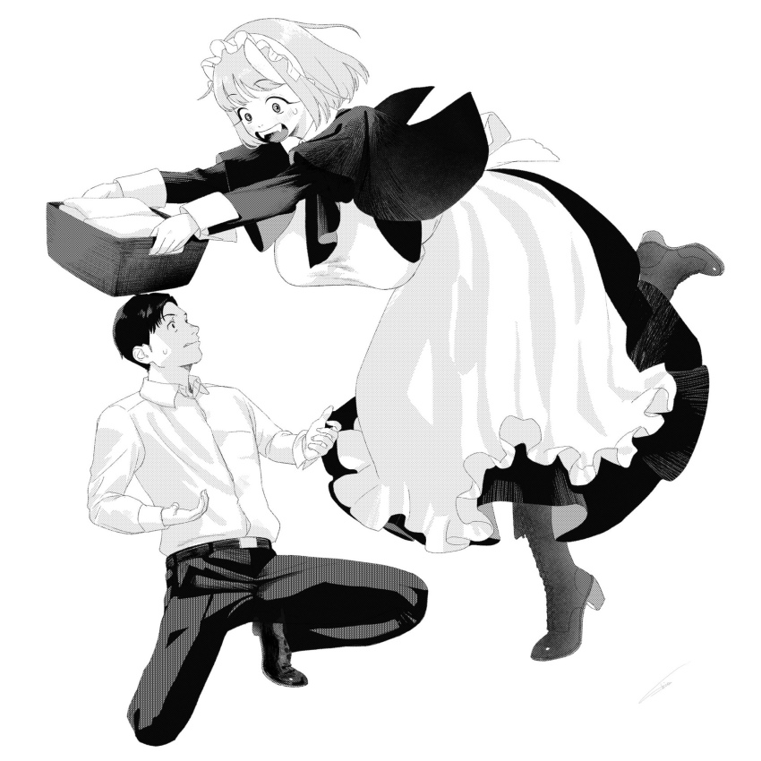 1boy 1girl apron belt bob_cut boots breasts demon_girl demon_horns dress_shirt falling fangs full_body greyscale high_heel_boots high_heels highres horns large_breasts laundry laundry_basket maid maid_apron maid_headdress monochrome oni open_mouth original pants shio_maneki0 shirt short_hair size_difference standing standing_on_one_leg tall tripping white_background