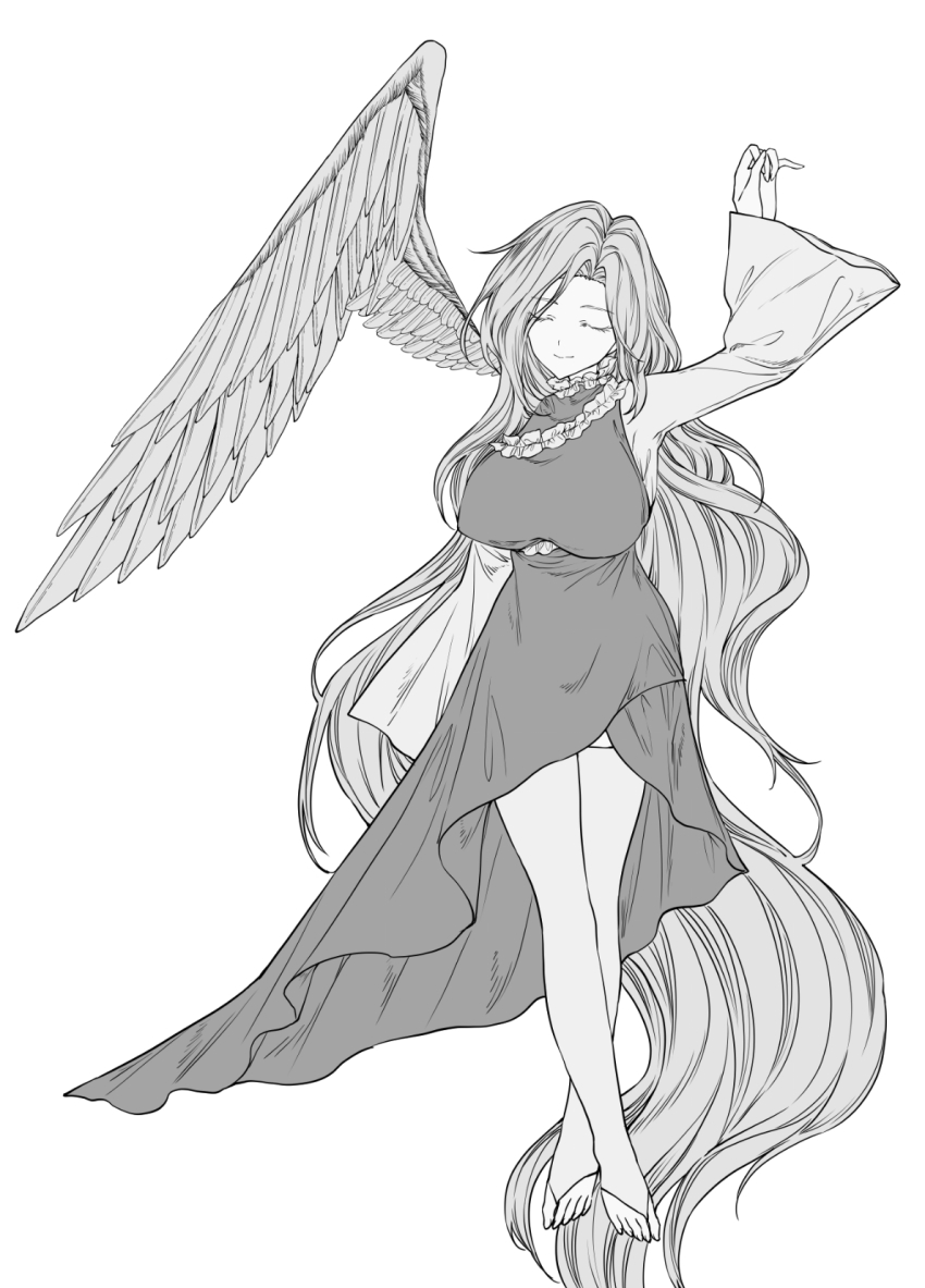 1girl absurdly_long_hair arm_up barefoot breasts closed_mouth dress closed_eyes full_body gin_fragrans greyscale hair_intakes highres jewelry large_breasts light_smile long_hair monochrome necklace sariel_(touhou) single_wing solo standing stirrup_legwear toeless_legwear toes touhou touhou_(pc-98) very_long_hair wide_sleeves wings