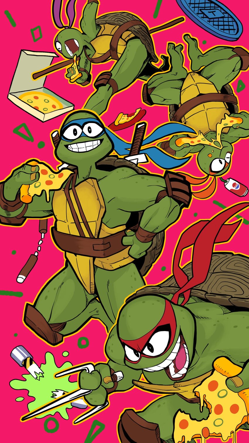 4boys absurdres belt bite_mark black_eyes blue_mask body_freckles can canister carapace cheese cheese_trail colored_skin donatello_(tmnt) drinking_straw eating elbow_pads fewer_digits food freckles gashi-gashi green_skin grin highres holding holding_food holding_pizza holding_weapon katana knee_pads leather leather_belt leonardo_(tmnt) male_focus manhole_cover mask michelangelo_(tmnt) multiple_boys muscular muscular_male ninja no_humans nunchaku ooze open_mouth orange_mask outline pepperoni pepsi pizza pizza_box pizza_slice purple_mask raphael_(tmnt) red_mask reptile reptile_boy sai_(weapon) shell smile staff strap sword teenage_mutant_ninja_turtles teenage_mutant_ninja_turtles_(1990_movie) teeth turtle turtle_shell warts weapon wrist_guards wrist_wrap yellow_outline