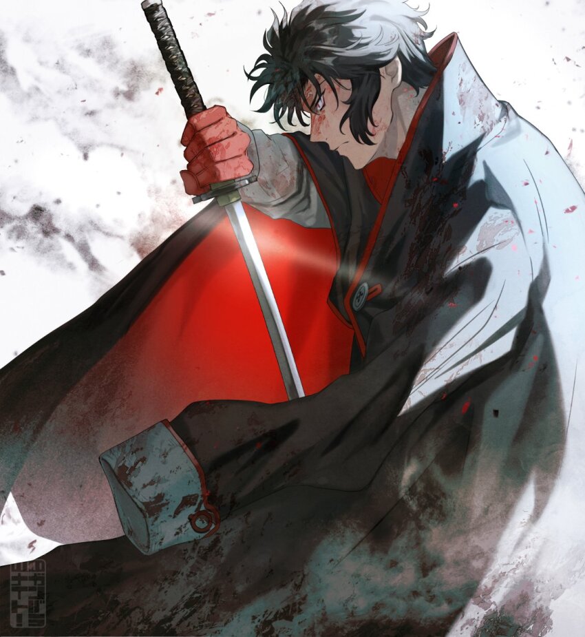 1boy artist_logo black_coat black_hair blood blood_on_face coat coat_on_shoulders fate/grand_order fate_(series) gloves highres hijikata_toshizou_(fate) holding holding_sword holding_weapon katana logo male_focus red_eyes red_gloves sword teria_(teriarian) weapon