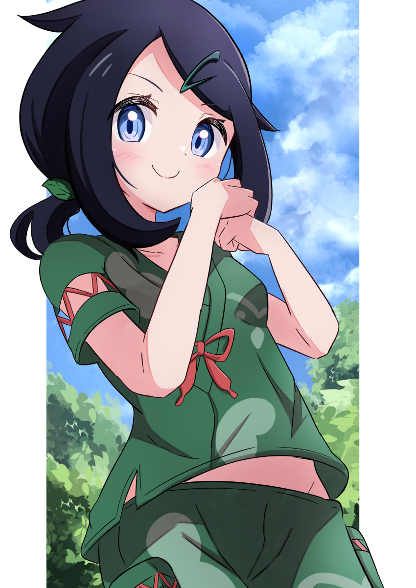 1girl absurdres alternate_costume black_hair blue_eyes blue_sky blush cloud creatures_(company) game_freak green_hairclip green_pants green_shirt hair_ornament hairclip highres leaf_hair_ornament liko_(pokemon) looking_at_viewer midriff nintendo pants pokemon pokemon_(anime) pokemon_horizons ponytail rono_(lethys) shirt short_sleeves sky smile solo tree