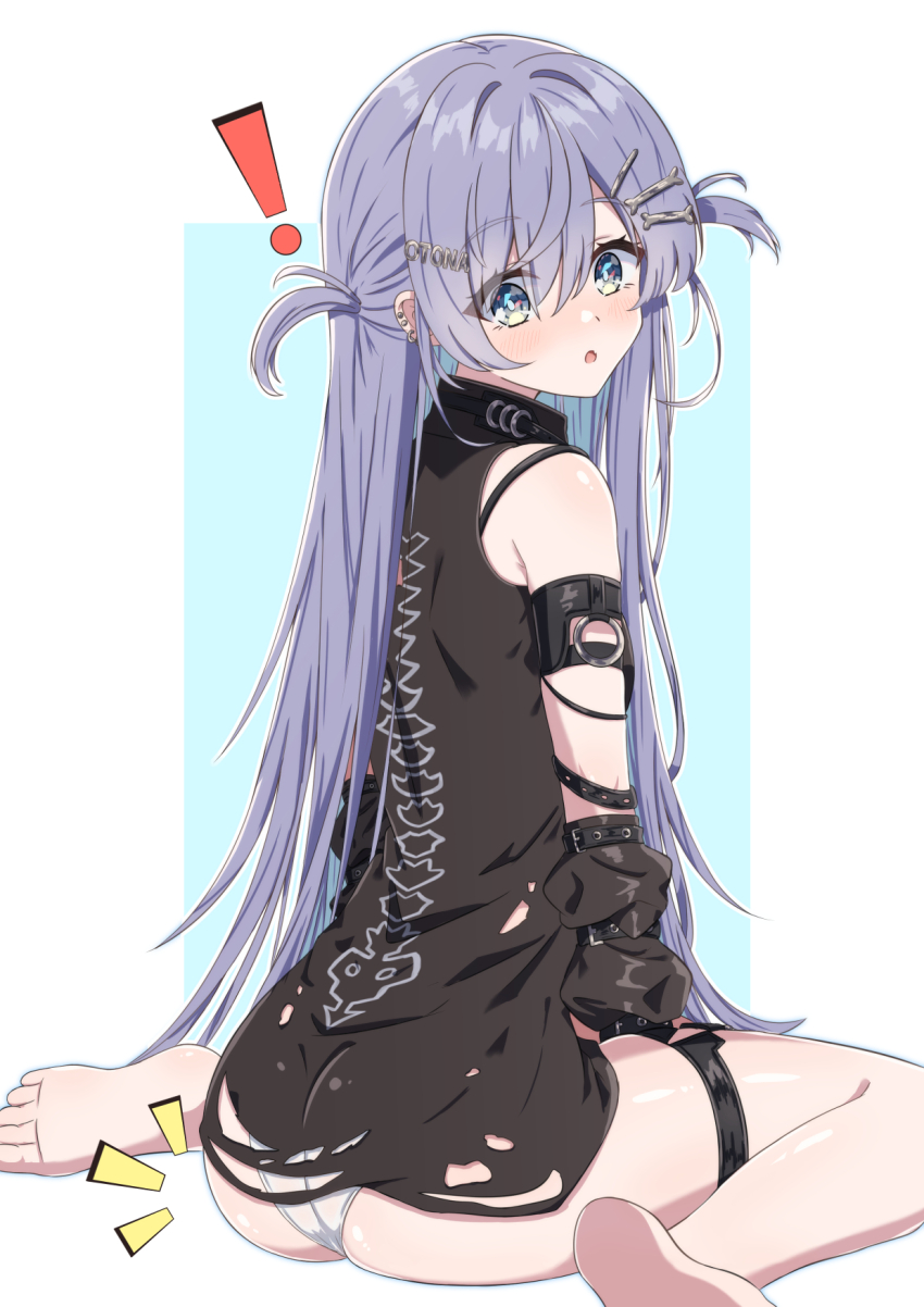 ! 1girl :o ass bare_shoulders barefoot black_dress black_sleeves blue_background blush commentary_request detached_sleeves dress from_behind grey_eyes grey_hair hair_between_eyes hair_ornament highres long_hair long_sleeves looking_at_viewer looking_back panties parted_lips puffy_long_sleeves puffy_sleeves sitting sleeveless sleeveless_dress soles solo synn032 torn_clothes torn_dress two-tone_background two_side_up underwear very_long_hair virtual_youtuber vspo! wariza wedgie white_background white_panties wrench_hair_ornament yano_kuromu