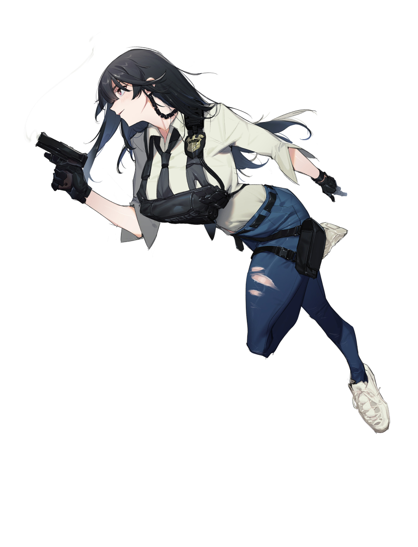 1girl black_gloves black_hair black_necktie blue_pants borrowed_character breasts closed_mouth collared_shirt commentary english_commentary full_body gebijiade_89 gloves gun handgun highres holding holding_gun holding_weapon large_breasts long_hair necktie original pants police police_badge profile running shirt shoes simple_background smile solo torn_clothes torn_pants weapon white_background white_footwear