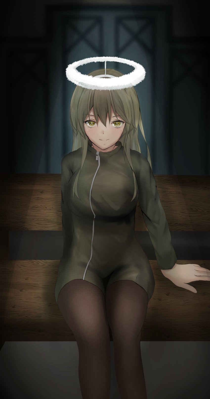 1girl absurdres arm_behind_back black_pantyhose brown_hair camouflage camouflage_jacket closed_mouth fake_halo girls&#039;_frontline green_eyes hair_between_eyes halo hand_on_back highres jacket long_hair looking_at_viewer pantyhose simple_background sitting smile solo tagme taishi_karibe textless_version ump40_(girls&#039;_frontline)