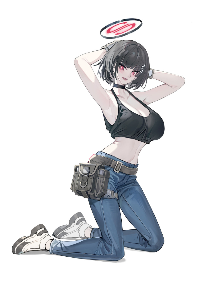 1girl :d absurdres alternate_costume alternate_hair_length alternate_hairstyle armpits arms_up bare_arms bare_shoulders belt black_choker black_hair black_tank_top blue_archive breasts choker cleavage commentary_request crop_top denim echj gloves grey_belt halo highres jeans kneeling large_breasts looking_at_viewer midriff navel open_mouth pants red_eyes rio_(blue_archive) shoes short_hair simple_background smile solo stomach tank_top thighs white_background white_footwear