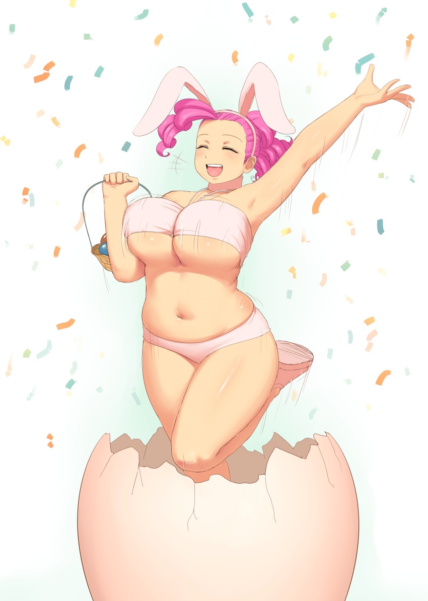 1girl absurdres animal_ears armpits basket blush bouncing_breasts bra breasts closed_eyes confetti egg female_focus highres huge_breasts large_breasts lvl navel open_mouth panties pink_hair pinkie_pie plump rabbit_ears smile solo underboob underwear