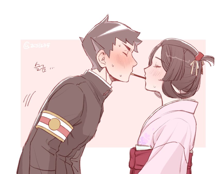 1boy 1girl 9105_y ace_attorney armband black_hair black_jacket blush brown_hair closed_eyes food food_in_mouth gakuran hair_rings hakama highres imminent_pocky_kiss jacket japanese_clothes kimono korean_commentary leaning_forward pink_kimono pocky pocky_in_mouth red_hakama ribbon ryunosuke_naruhodo school_uniform short_hair susato_mikotoba sweat the_great_ace_attorney twitter_username upper_body