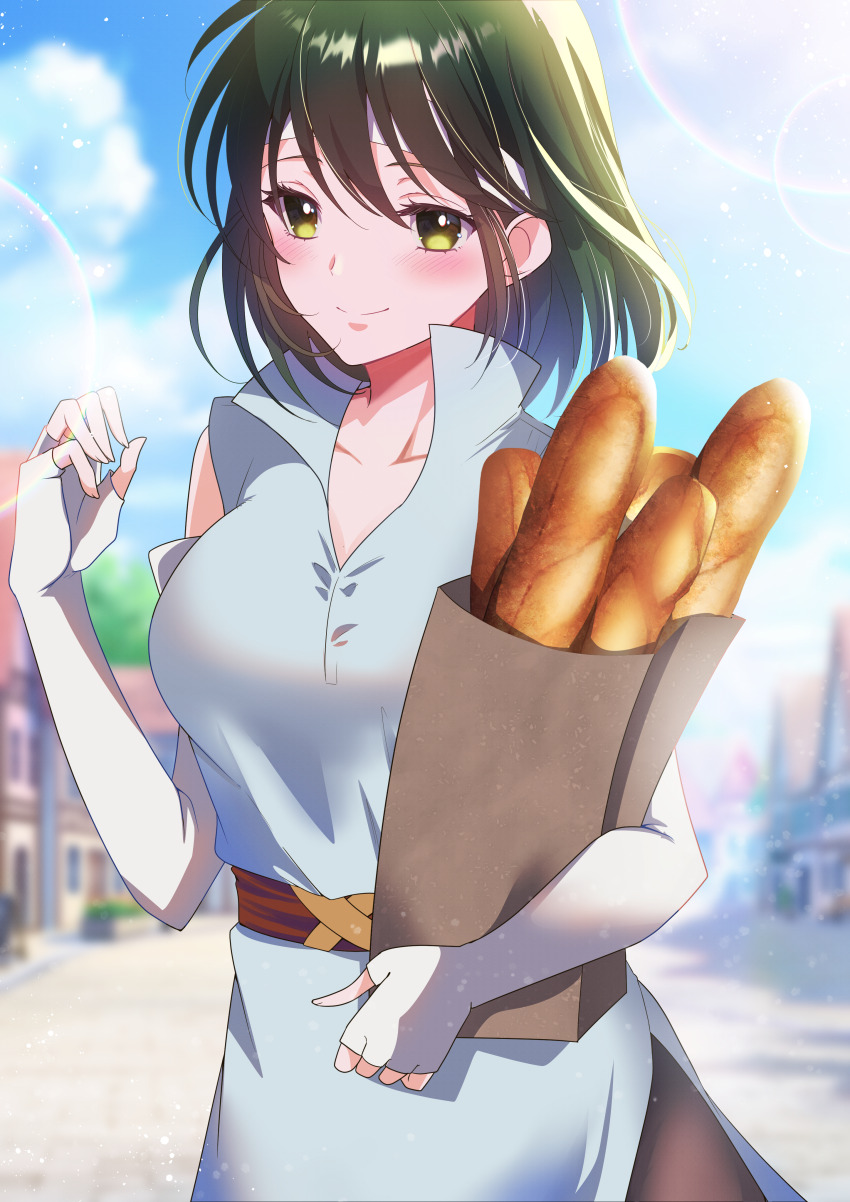 1girl absurdres azusa_(azchemist63) bag baguette belt blue_dress bread dress fire_emblem fire_emblem:_thracia_776 food green_eyes green_hair headband highres misha_(fire_emblem) nintendo side_slit smile