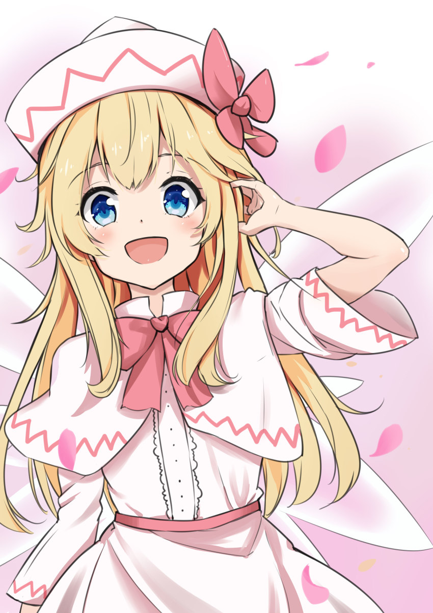 1girl absurdres blonde_hair blue_eyes blush bow bowtie capelet collared_shirt dress fairy_wings highres kaoshuzi lily_white long_hair looking_at_viewer open_mouth petals pink_background pink_dress pink_headwear red_bow red_bowtie red_ribbon ribbon shirt smile solo touhou wings