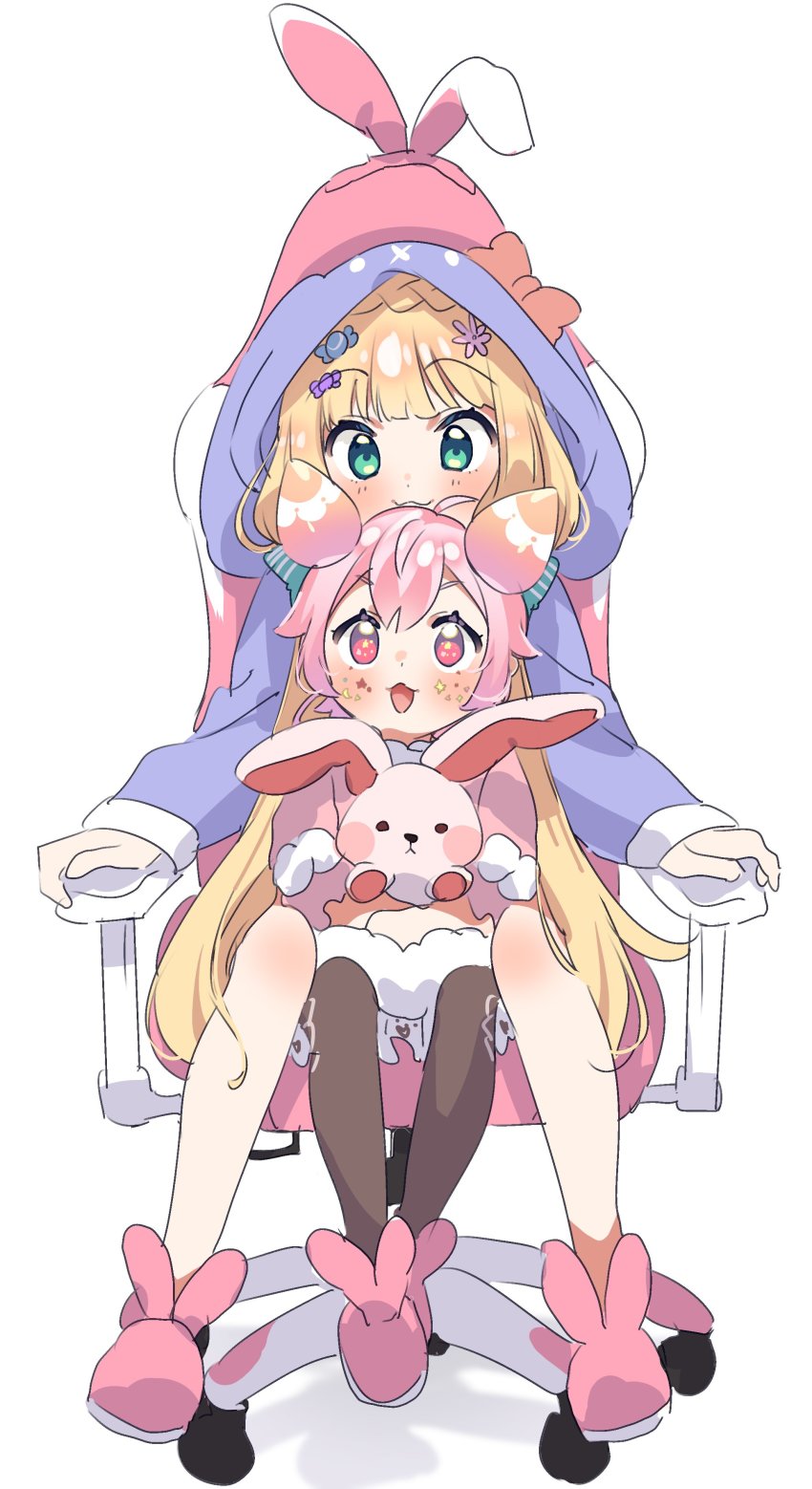 2girls absurdres ahoge animal_ears blonde_hair blunt_bangs blush chair facial_mark full_body gaming_chair green_eyes hair_between_eyes hair_ornament highres hood hoodie kuma_daigorou long_hair long_sleeves looking_at_viewer mononobe_alice mononobe_alice_(9th_costume) multiple_girls nijisanji open_mouth pink_hair purple_eyes purple_hoodie rabbit_ears simple_background sitting sketch slippers star-shaped_pupils star_(symbol) stuffed_animal stuffed_rabbit stuffed_toy swivel_chair symbol-shaped_pupils ushimi_ichigo virtual_youtuber white_background