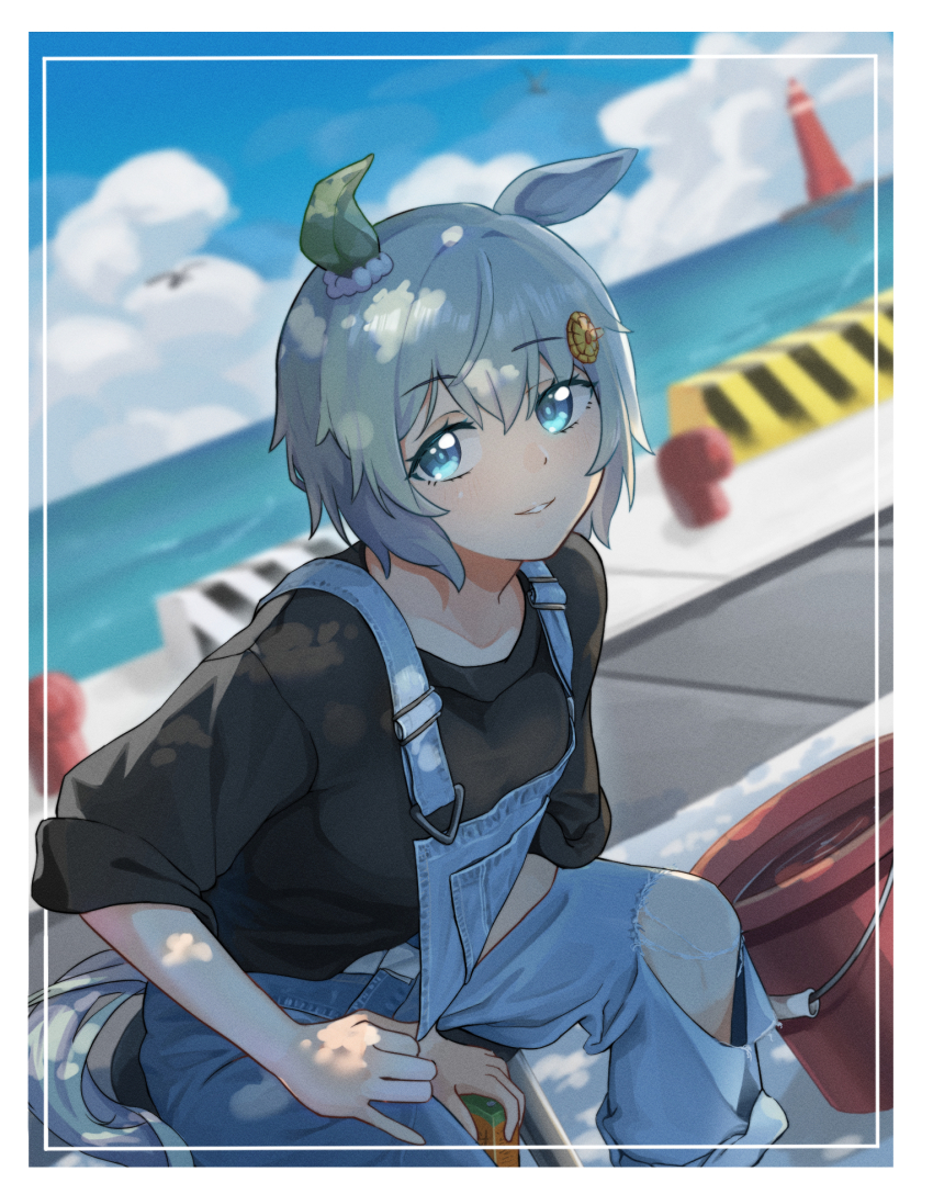 1girl animal_ears aqua_eyes aqua_hair bird black_shirt blurry blurry_background breasts bucket cloud ear_covers haihara_yuuya hair_ornament hairclip highres horizon horse_ears horse_girl horse_tail leaning_forward looking_at_viewer ocean outdoors overalls parted_lips pier seiun_sky_(umamusume) shirt short_hair single_ear_cover sitting sleeves_rolled_up small_breasts smile solo stool tail torn_clothes torn_overalls umamusume