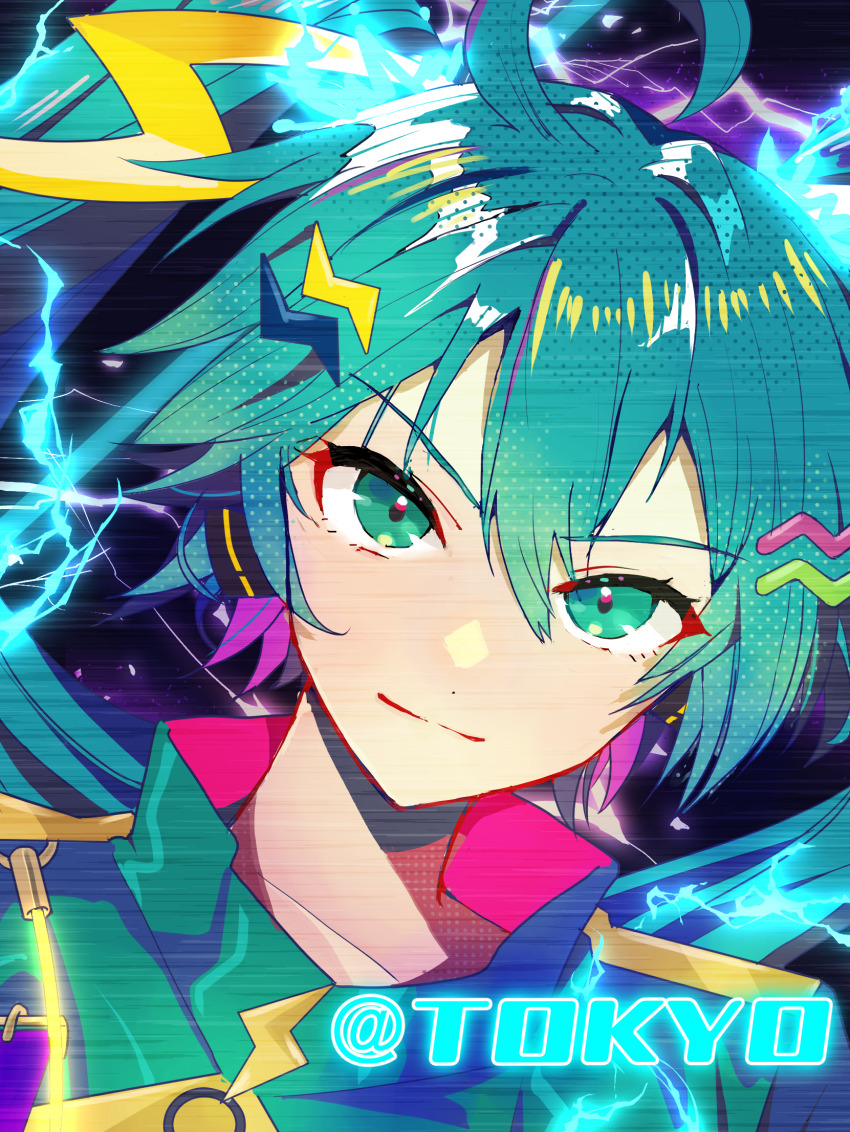 1girl @_(symbol) aqua_hair commentary double-parted_bangs english_text green_eyes green_hair hair_ornament hairclip hatsune_miku hatsune_miku_japan_tour_2023_~thunderbolt~ highres lightning lightning_bolt lightning_bolt_hair_ornament lightning_bolt_symbol mofmama multicolored_hair pink_hair solo twintails upper_body vocaloid