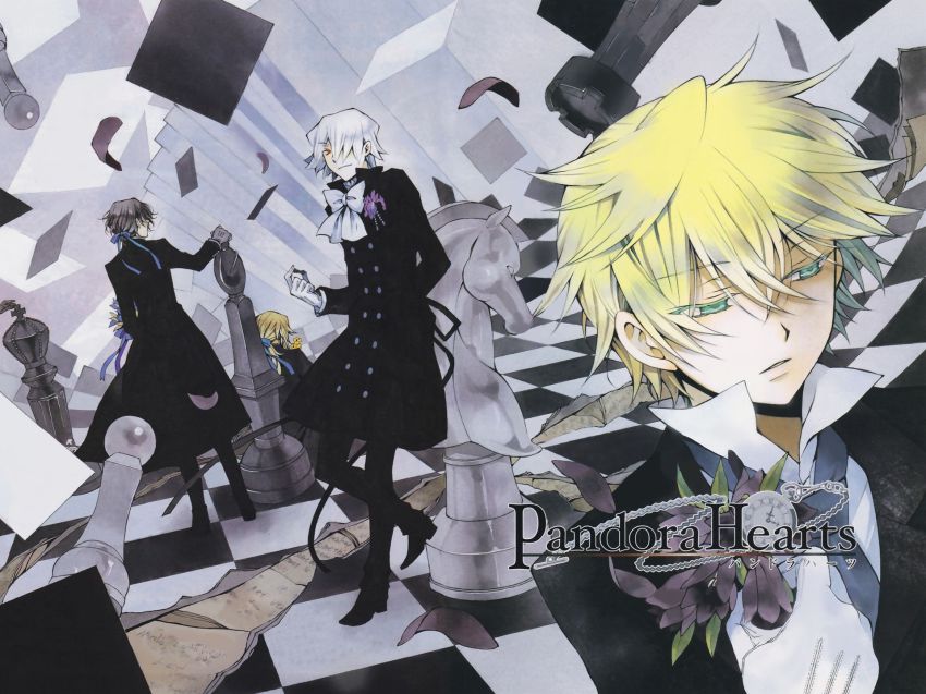 00s 4boys black_hair blonde_hair board_game chess coat flower formal_clothes gilbert_nightray gloves hair_over_one_eye highres male_focus mochizuki_jun multiple_boys official_art oz_vessalius pandora_hearts ponytail red_eyes short_hair silver_hair trench_coat vincent_nightray xerxes_break yellow_eyes