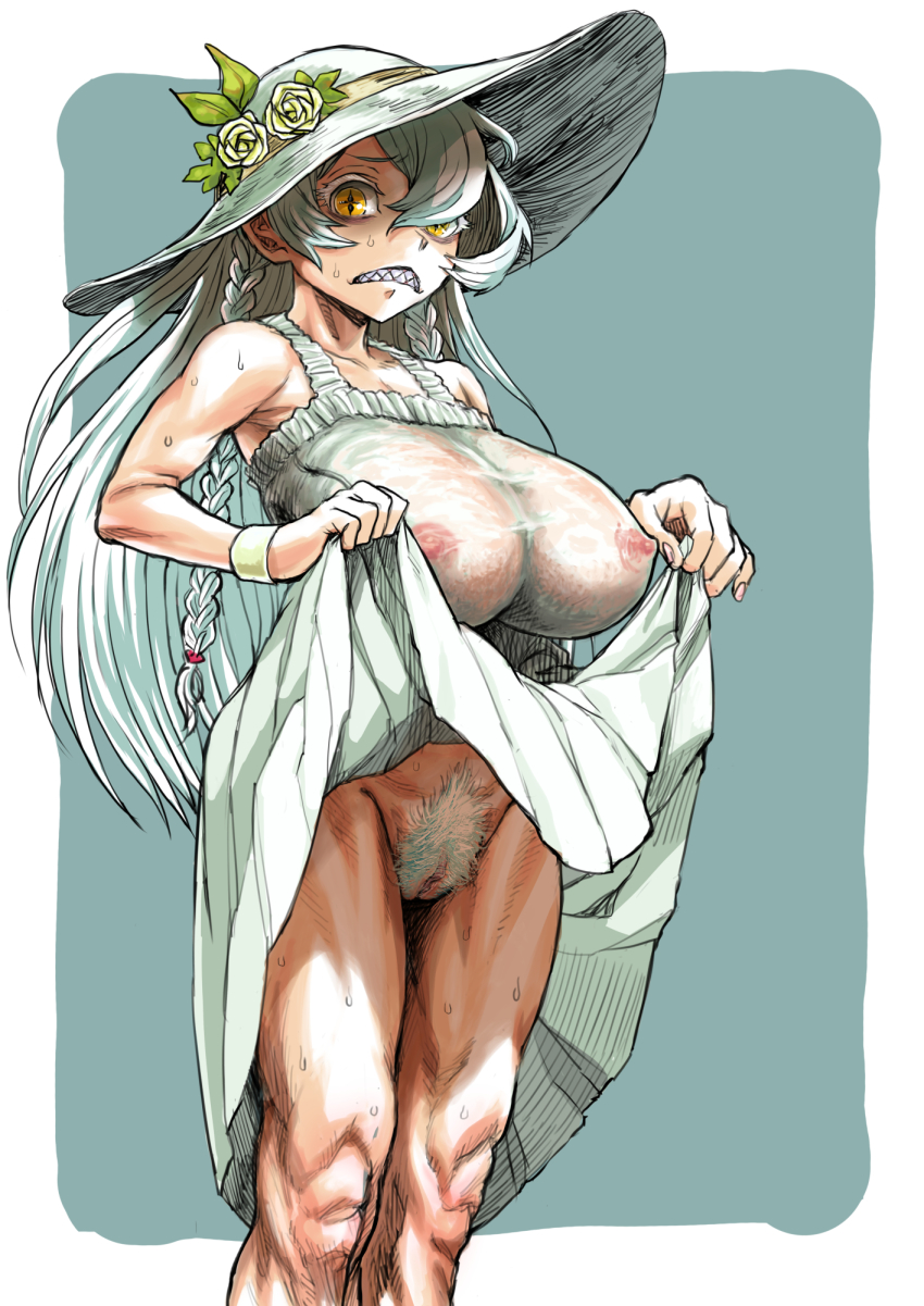 +_+ 1girl braid breasts cowboy_shot dress excessive_pubic_hair female_pubic_hair flower hair_between_eyes hat hat_flower highres knees long_hair looking_at_viewer mandator_(ziga) medium_breasts muscular muscular_female navel no_panties pubic_hair pussy radiohead_(radio_paranoia) sharp_teeth side_braids standing sun_hat sweat symbol-shaped_pupils teeth thighs twin_braids uncensored white_dress white_hair white_pubic_hair wristband yellow_eyes ziga