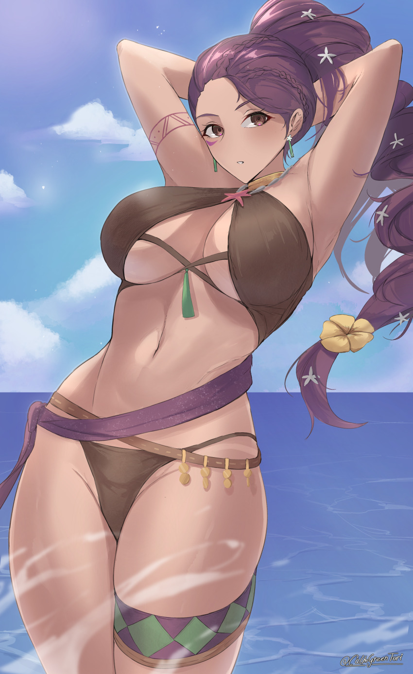 1girl absurdres alternate_breast_size armpits bikini blue_sky breasts calmgreentori cloud commentary_request facial_mark fire_emblem fire_emblem:_three_houses fire_emblem_heroes highres large_breasts long_hair looking_at_viewer navel nintendo ocean official_alternate_costume outdoors partially_submerged petra_macneary petra_macneary_(summer) ponytail purple_eyes purple_hair sky solo stomach swimsuit water