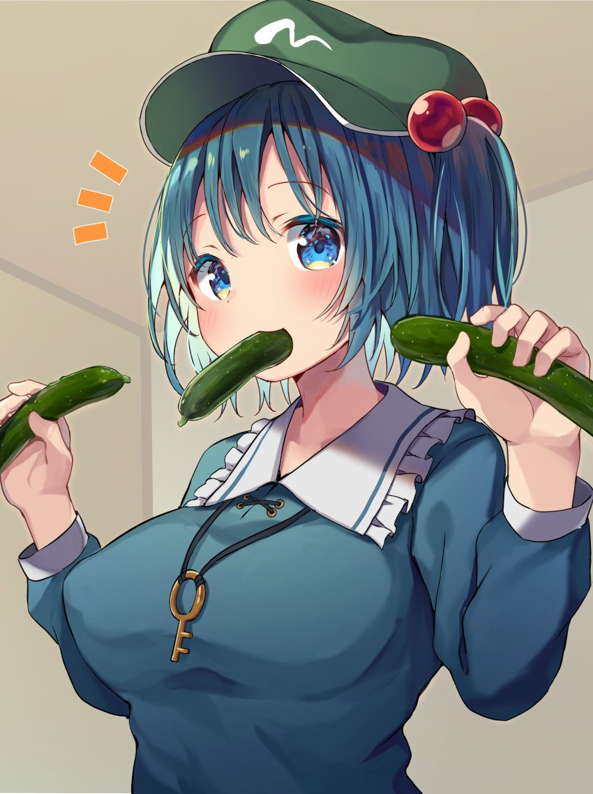 1girl absurdres blue_eyes blue_hair blue_shirt breasts collared_shirt colored_eyelashes commentary_request covered_erect_nipples cucumber flat_cap food food_in_mouth frilled_shirt_collar frills green_hat hair_between_eyes hair_bobbles hair_ornament hat highres holding holding_food kawashiro_nitori key large_breasts long_sleeves looking_at_viewer mamemochi notice_lines pickle sexually_suggestive shirt short_hair short_twintails sidelocks solo touhou twintails upper_body