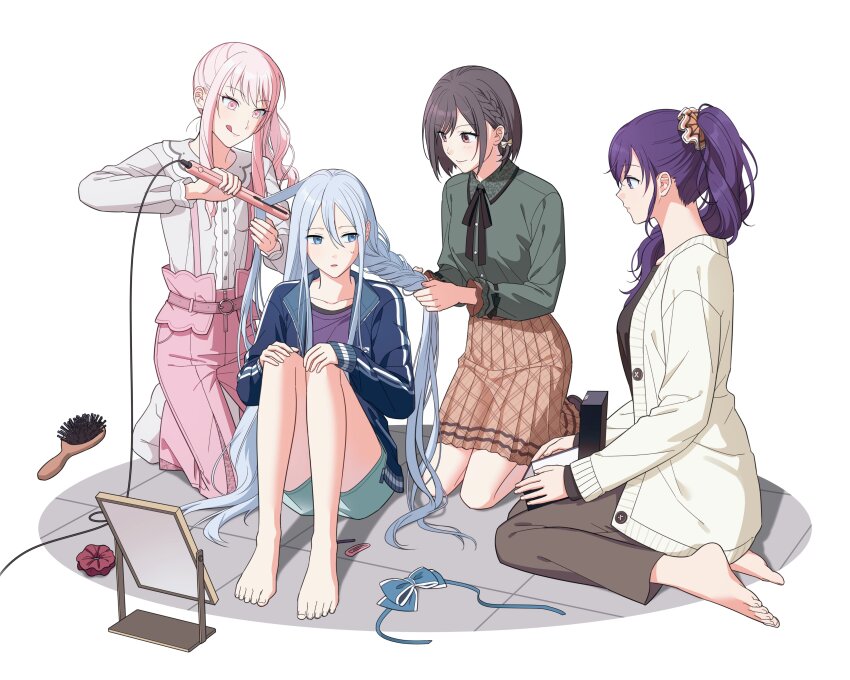 1other 25-ji_nightcord_de._(project_sekai) 3girls absurdres akiyama_mizuki androgynous asahina_mafuyu barefoot belt black_ribbon black_shirt blue_bow blue_eyes bow braiding_hair brown_eyes brown_hair brown_pants brown_shirt brown_skirt cardigan center_frills collarbone collared_shirt commentary frills green_shirt green_shorts grey_hair hair_between_eyes hair_bow hair_ornament hairclip hairdressing hashtag-only_commentary highres kneeling layered_shirt long_hair long_sidelocks looking_at_another looking_to_the_side mirror multiple_girls open_cardigan open_clothes open_mouth orange_scrunchie pants pink_belt pink_eyes pink_hair pink_pants pleated_skirt ponytail project_sekai purple_eyes purple_hair purple_shirt red_scrunchie ribbon scrunchie shinonome_ena shirt short_hair shorts side_ponytail simple_background sitting skirt smile socks suspenders sweatdrop symbol-only_commentary tile_floor tiles tongue tongue_out unworn_hair_bow unworn_hair_ornament unworn_hairclip unworn_scrunchie wangwange white_background white_shirt white_socks yellow_cardigan yoisaki_kanade