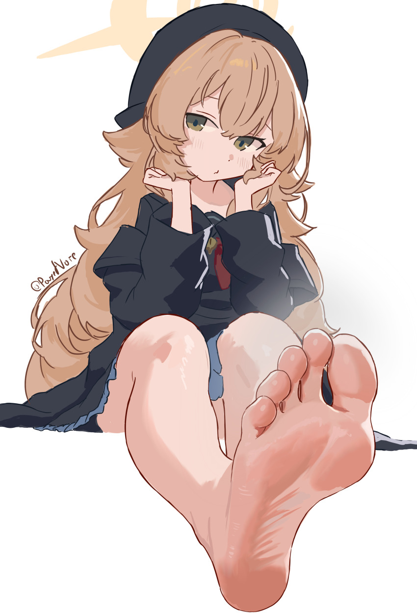 1girl absurdres barefoot blonde_hair blue_archive blush feet green_eyes highres long_hair looking_at_viewer payetvore professor_niyaniya_(blue_archive) soles steam toes