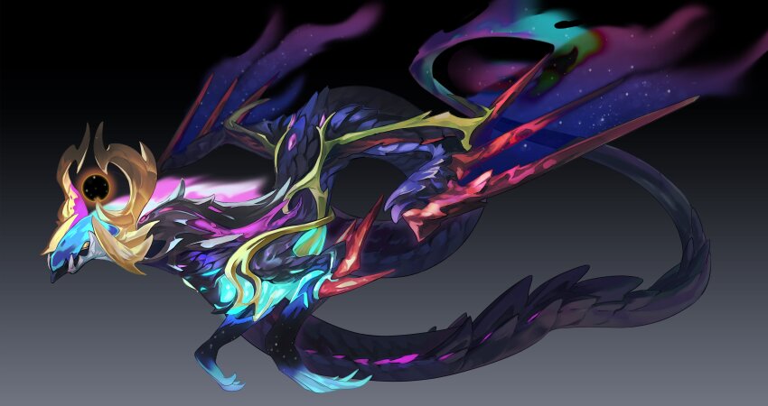 absurdres animal_focus black_background claws commission dragon from_side full_body glowing gradient_background highres horns monster no_humans old-night orb original scales simple_background solo tail wings yellow_eyes yellow_horns