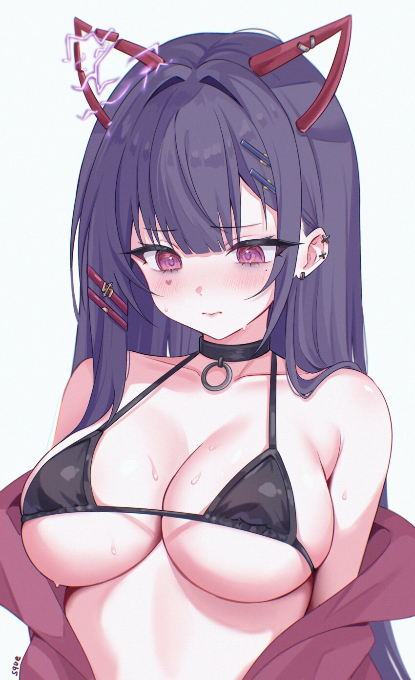 1girl absurdres akuma_nihmune bikini black_bikini black_choker blush breasts choker ear_piercing facial_mark hair_ornament hairclip heart heart_facial_mark highres horns indie_virtual_youtuber jacket jacket_partially_removed long_hair looking_down mole mole_under_eye o-ring o-ring_choker piercing purple_hair red_horns red_jacket solo sweat swimsuit virtual_youtuber white_background zxcsque