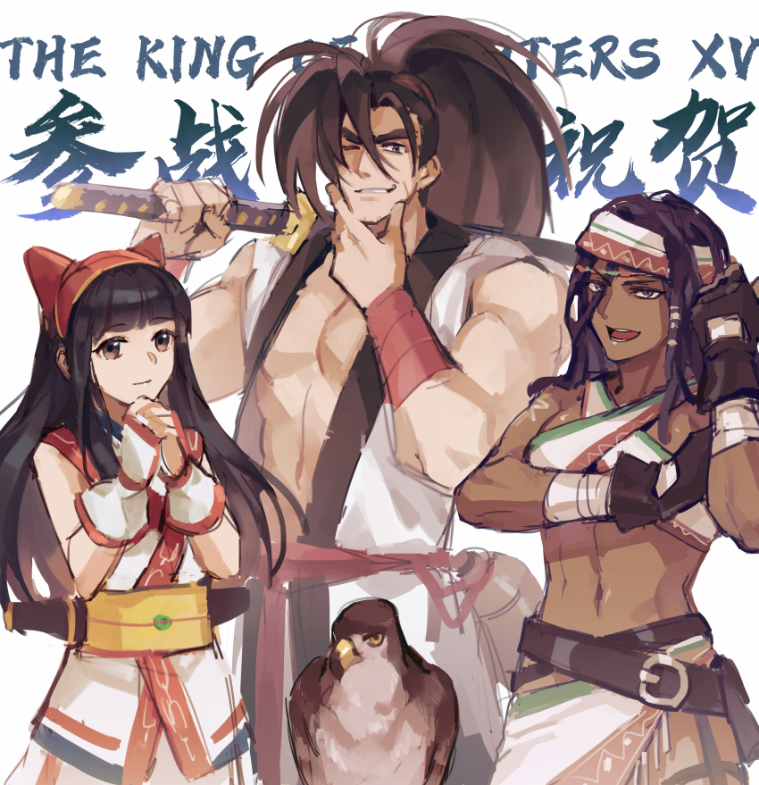 1boy 2girls absurdres ainu_clothes artist_name black_hair blue_eyes breasts dark-skinned_female dark_skin darli_dagger flexing grin hair_ribbon haoumaru highres japanese_clothes large_breasts long_hair looking_at_viewer mamahaha multiple_girls muscular muscular_male nakoruru navel ponytail purple_hair ribbon samurai_spirits smile snk the_king_of_fighters the_king_of_fighters_xv