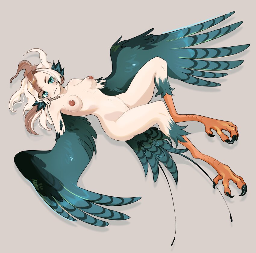 1girl absurdres bird_legs bird_tail breasts brown_background brown_hair commentary dark_nipples english_commentary ev_v1l feathers green_eyes green_feathers green_tail green_wings harpy highres long_hair looking_at_viewer medium_breasts mole mole_under_eye monster_girl multicolored_hair navel nipples nude original tail talons two-tone_hair white_hair wings