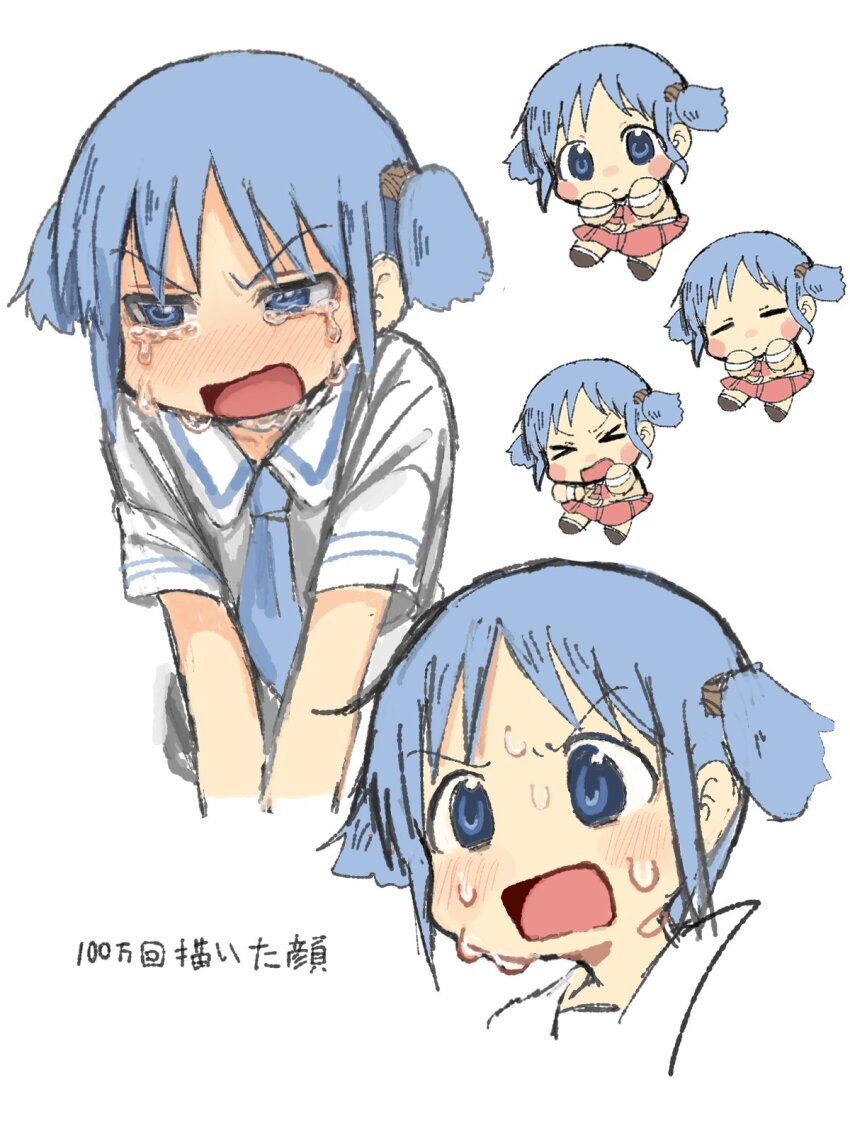 &gt;_&lt; 1girl blue_eyes blue_hair blue_necktie chibi crying crying_with_eyes_open highres multiple_views naganohara_mio naganoharamiomio necktie nichijou open_mouth red_skirt school_uniform shirt short_sleeves short_twintails simple_background skirt sweat tears tokisadame_school_uniform twintails white_background white_shirt