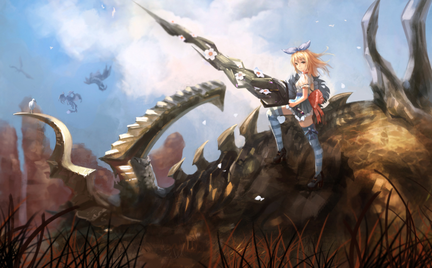 1girl bird blonde_hair blue_skirt bow cloud cloudy_sky day dragon flower hair_bow highres mag_(huangmag) original red_eyes shirt shoes short_sleeves skirt sky standing_on_object striped_clothes striped_thighhighs tera_online thighhighs weapon white_shirt