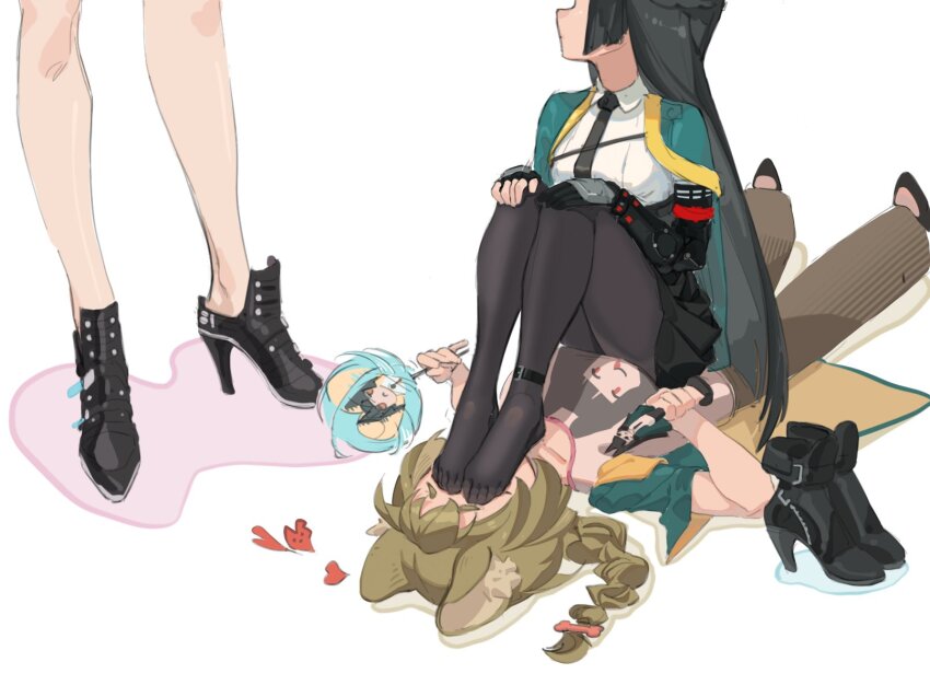 3girls black_footwear black_gloves black_hair black_necktie black_pantyhose black_skirt feet fingerless_gloves fox_girl full_body girl_on_top gloves green_jacket hashtag-only_commentary head_out_of_frame heart high-waist_skirt high_heels highres hoshimi_miyabi jacket long_hair looking_up multiple_girls necktie no_shoes out_of_frame pantyhose shirt shoes sidelocks simple_background single_fingerless_glove sitting sitting_on_person skirt textless_version tsukishiro_yanagi unworn_shoes v.a._(vanilla) white_background white_shirt zenless_zone_zero