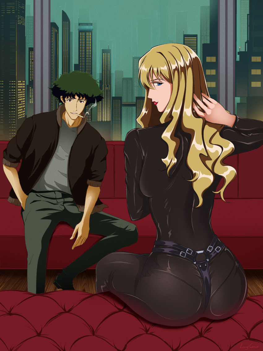 ass belt blonde_hair blue_eyes brown_eyes catsuit cowboy_bebop green_hair julia_(cowboy_bebop) leather spike_spiegel