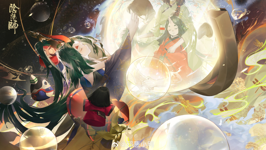 1girl absurdres arm_up ball bare_shoulders black_background bubble bug closed_eyes copyright_name daruma_doll detached_sleeves dragonfly from_side glowing green_hair hand_up highres horns insect japanese_clothes logo long_hair mrilsweet official_art onmyoji ponytail profile single_horn solo thick_eyebrows weibo_logo weibo_watermark zashiki_warashi_(onmyoji)